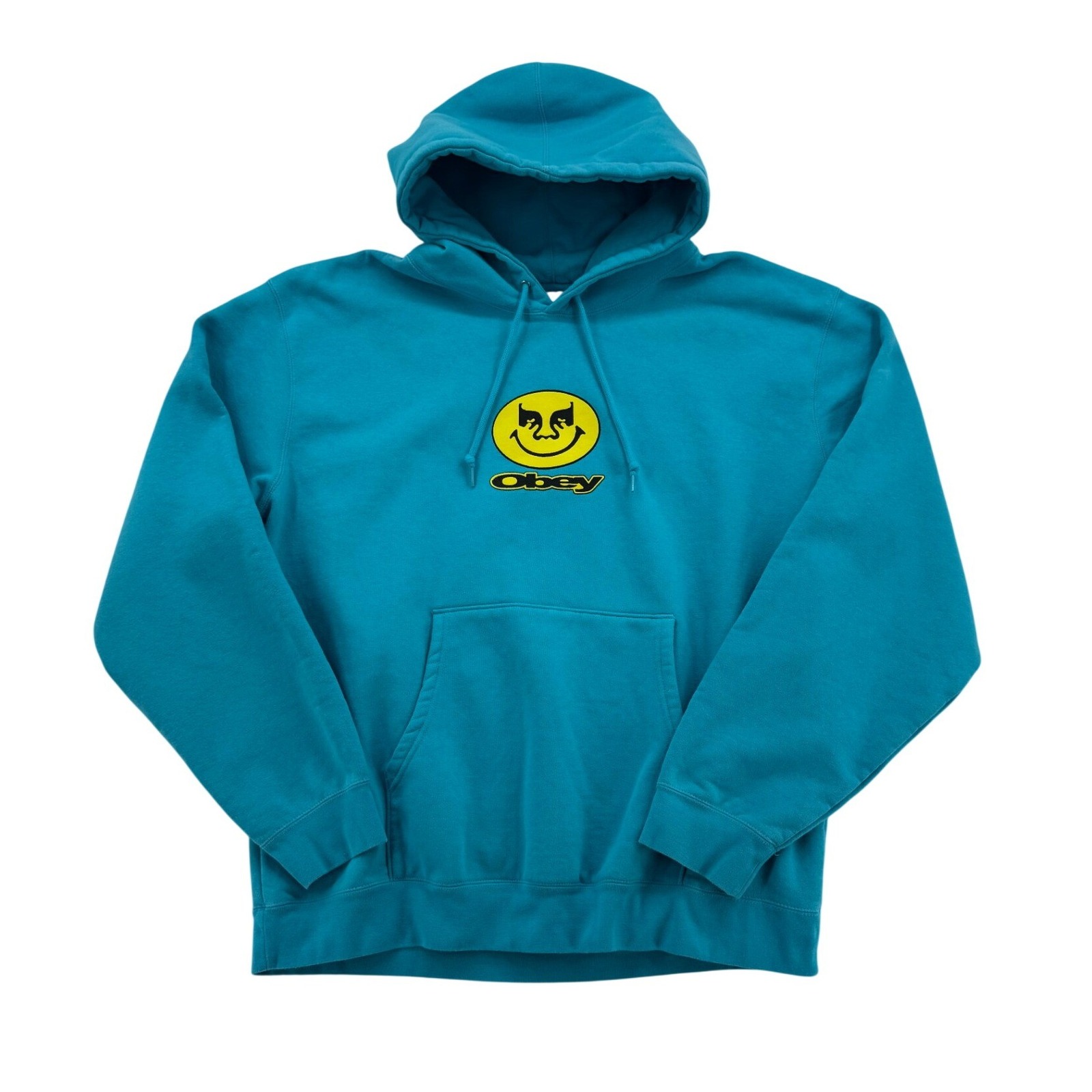Obey Hoodie Mens 2xl Teal Blue Excellent Embroidered Smiley Face Graphic Fleece